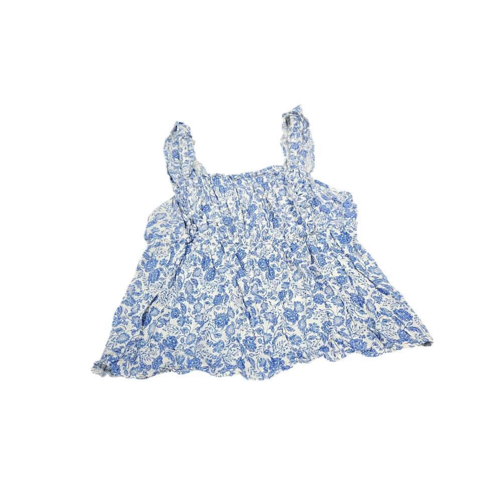 Old Navy Blue White Floral Smocked Babydoll Tank Top Women's L Boho Cottagecore